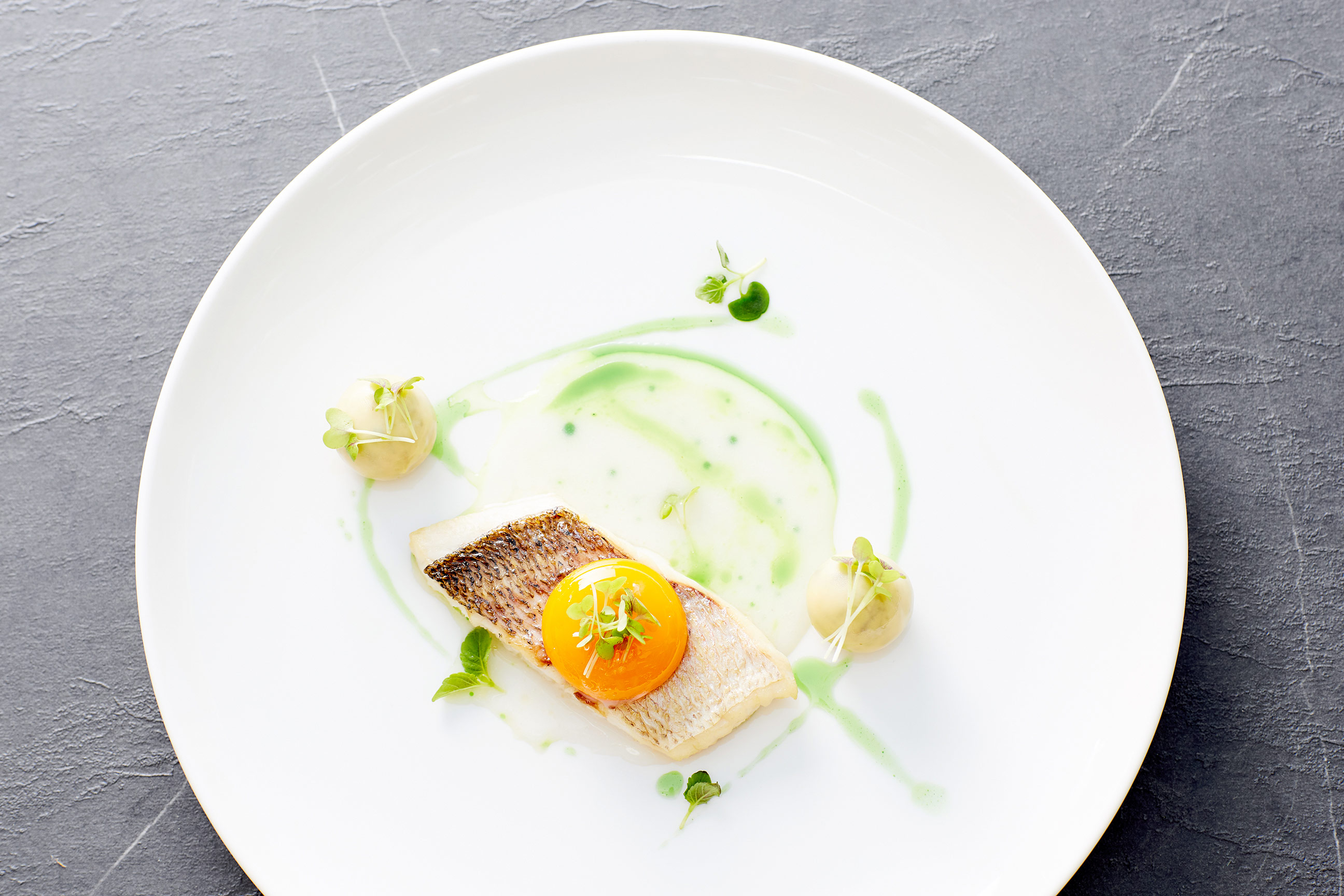 plate with fishfilet and egg at Lichnos Beach