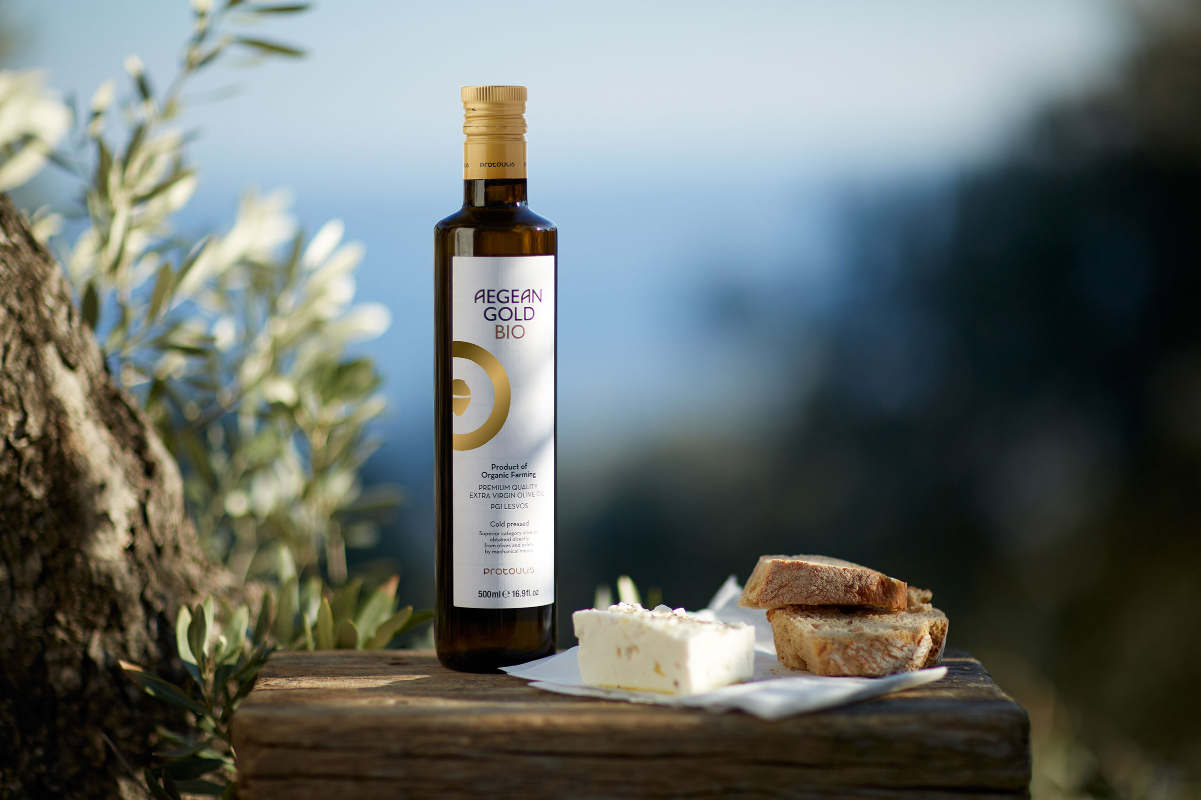 product shot Aegean Gold Bio olive oil outdoor