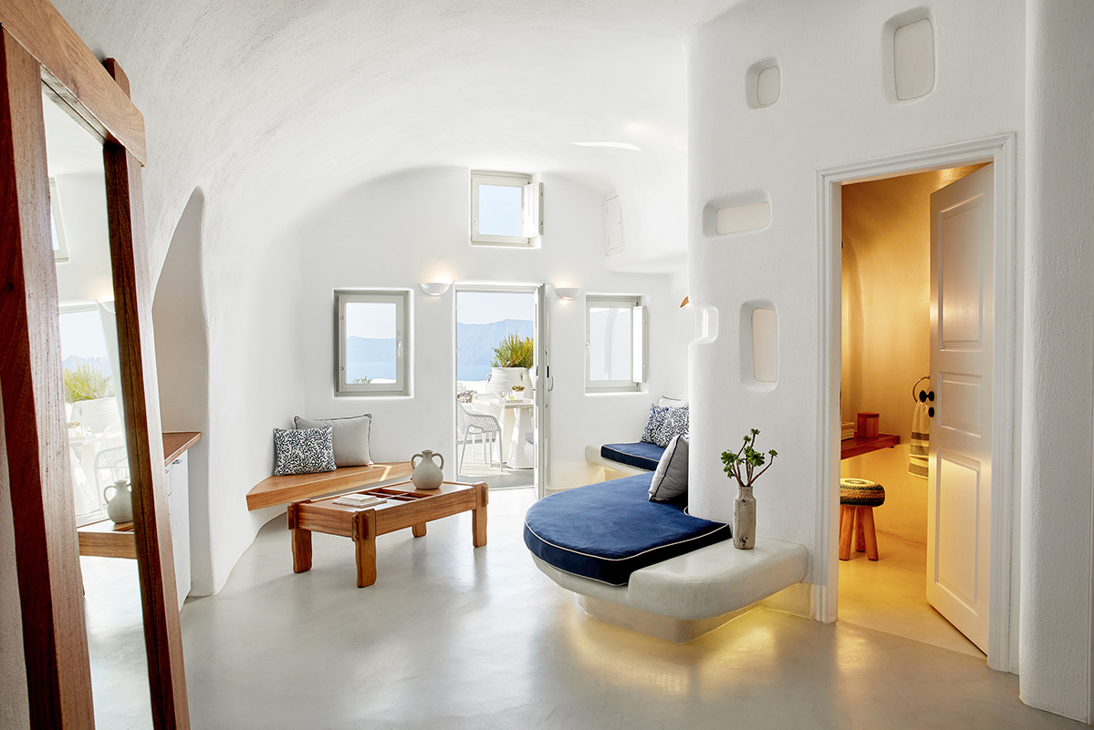 La Perla Santorini, Greece, room, open bathroom door, mirror