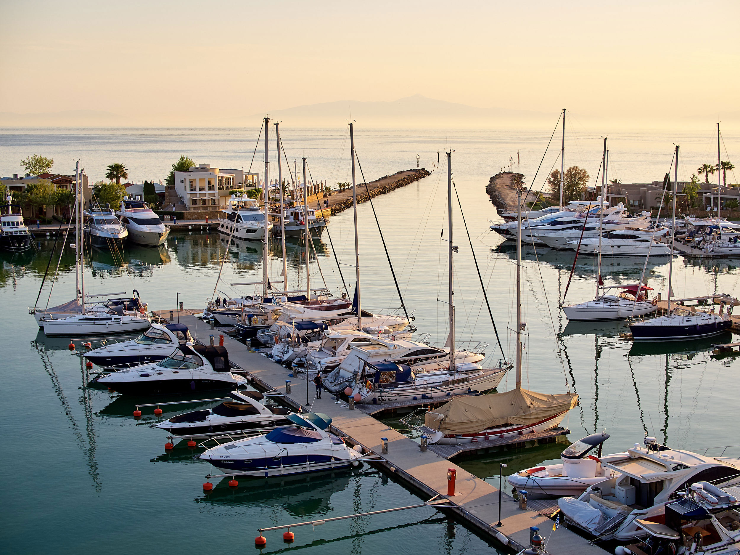 Sani Marina aerial view at sunset