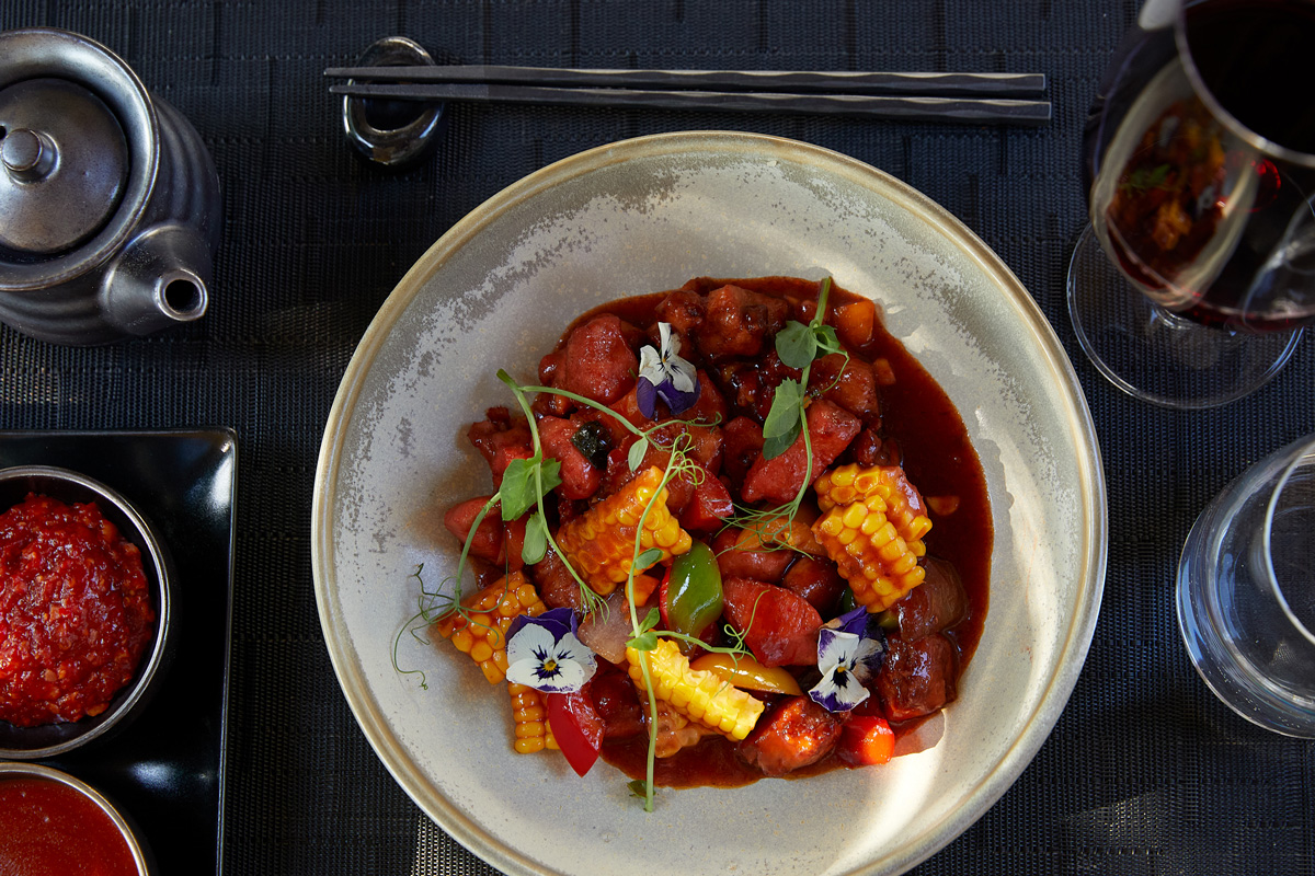 Sani Marina Asian, dish red sauce with corn