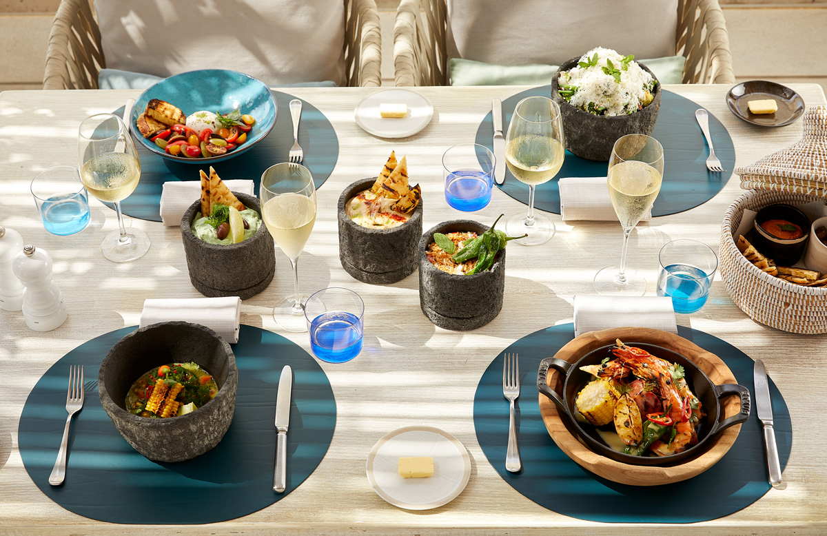 Sani Dunes Beach House, table set with dishes 