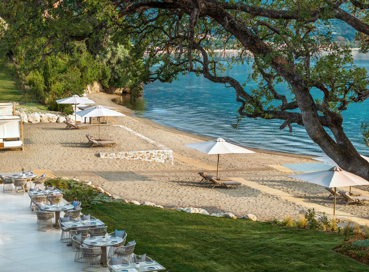 Ikos Odisia, Beach , ombrellas , Italian Restaurant Fresco, aerial view
