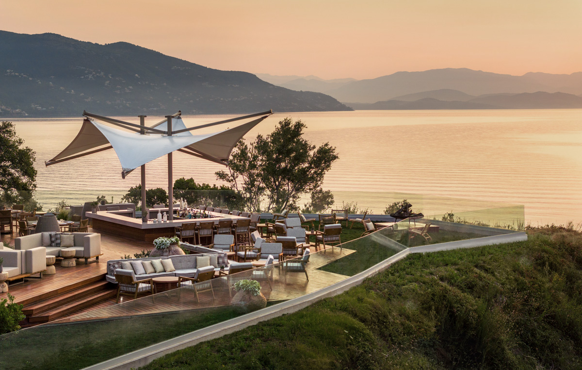 Ikos Odisia, Elia Restaurant by sunset, aerial view