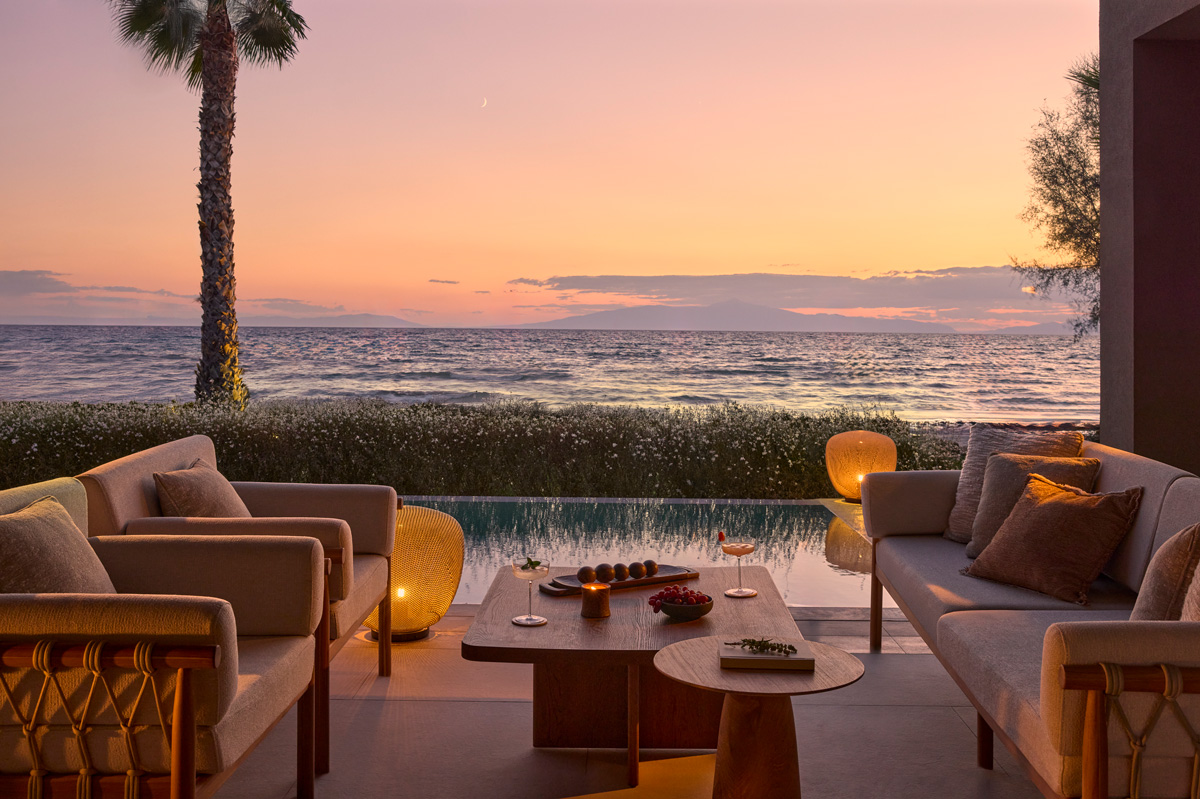 Sani Asterias suite,veranda, table with cocktails, sunset