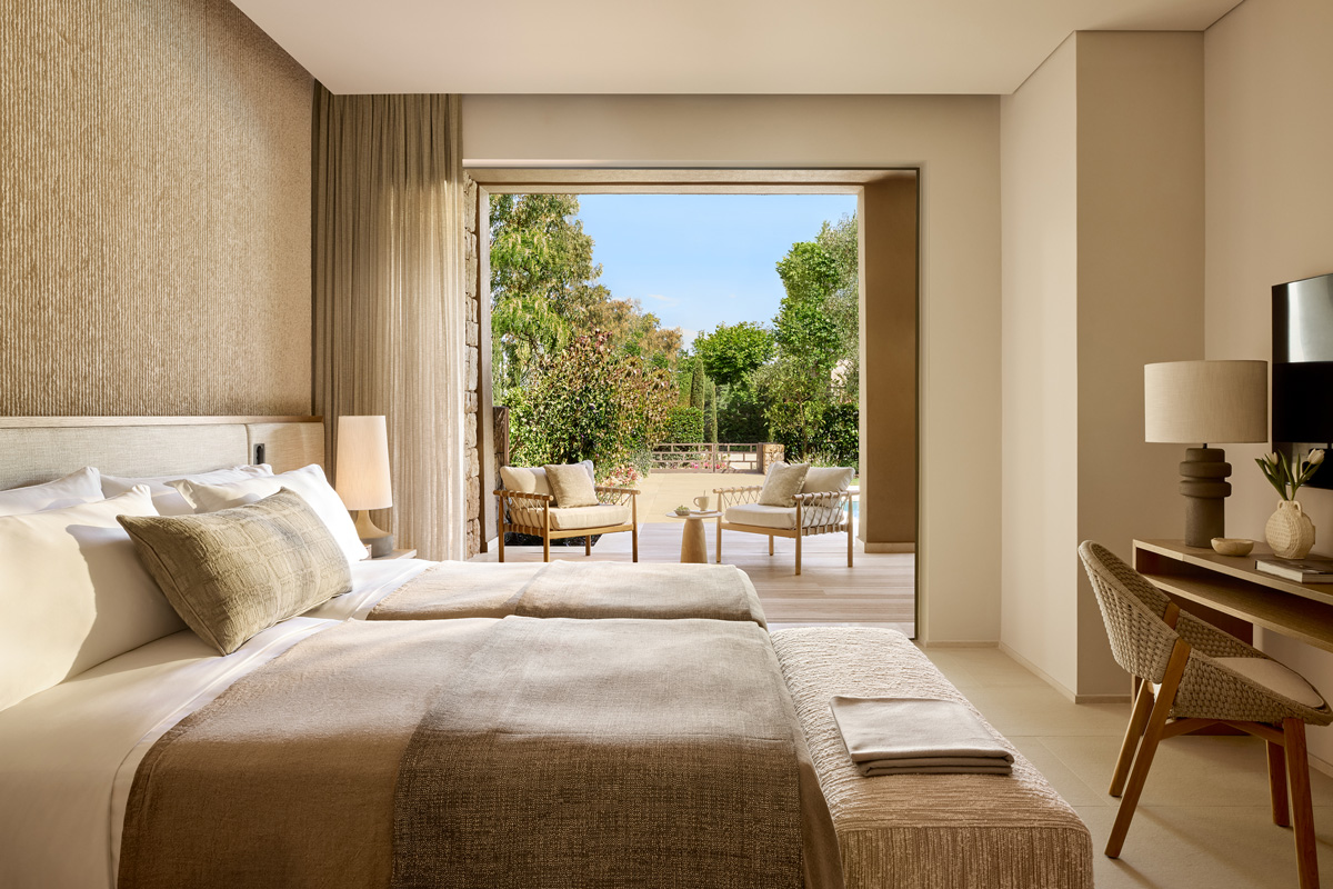 Sani Asterias Villas, bedroom with garden and pool view