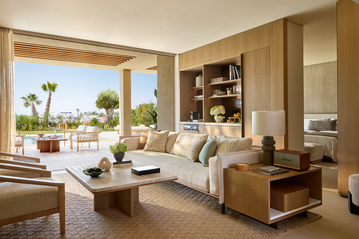 Sani Asterias Villas, living room with view at marina