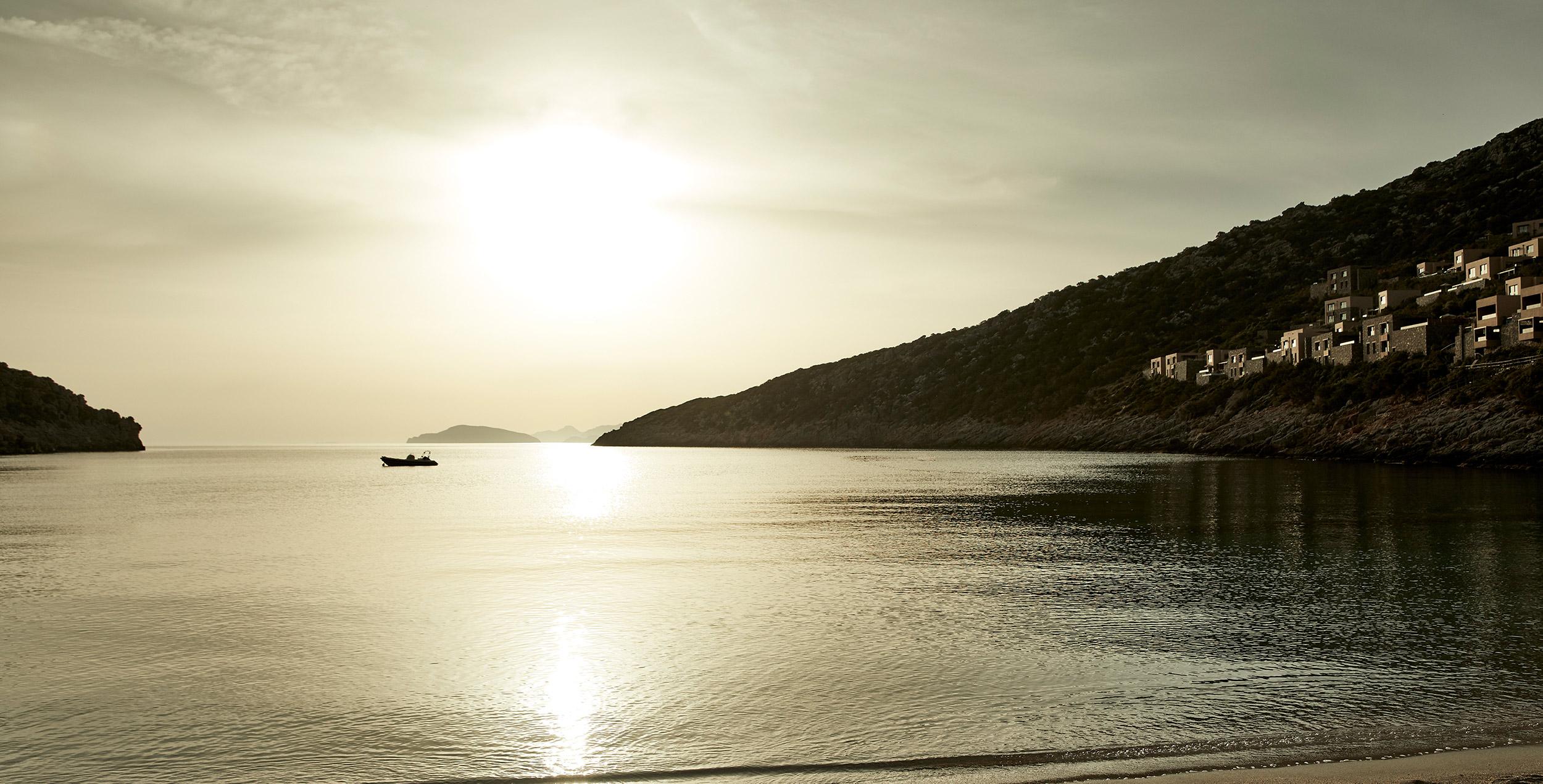 Daios Cove aerial view at sunrise 