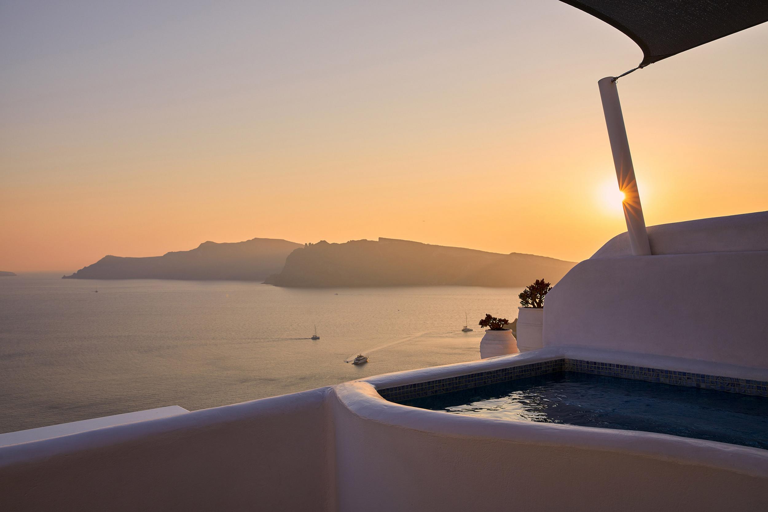 La Perla Santorini, Greece, private pool, sunset