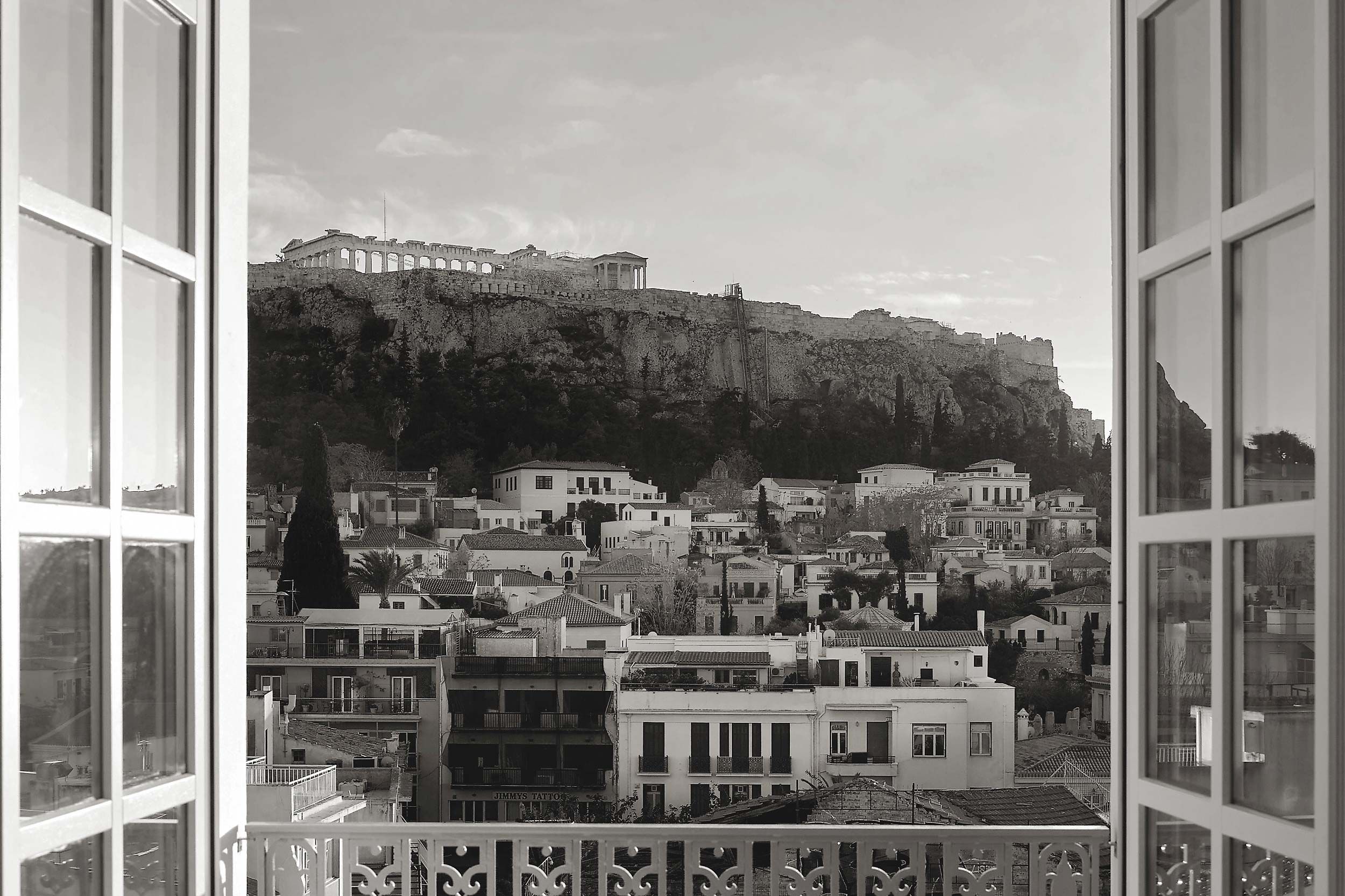 The Dolli suite window view on the Acropolis Athens, black&white 