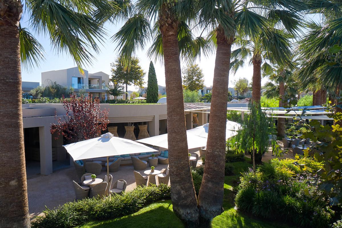 Porto Sani, Greece, aerial view of Mojito bar, palm trees