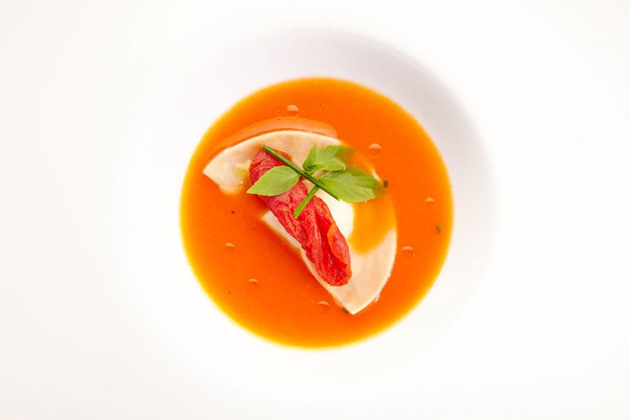 Tomatosoup with raviolo, Minotaur Restaurant Grecotel Amirandes, Crete