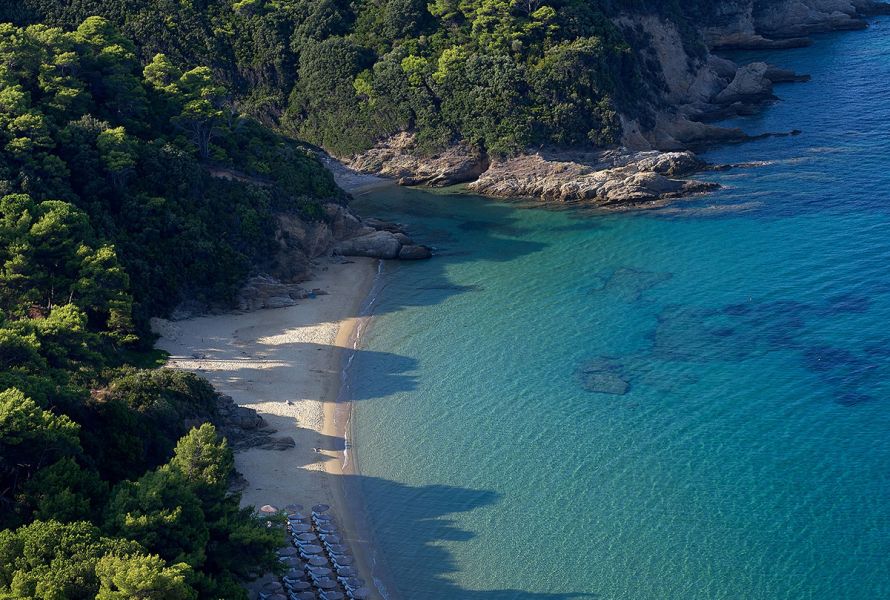 aerial view Elivi Skiathos, beach, bay