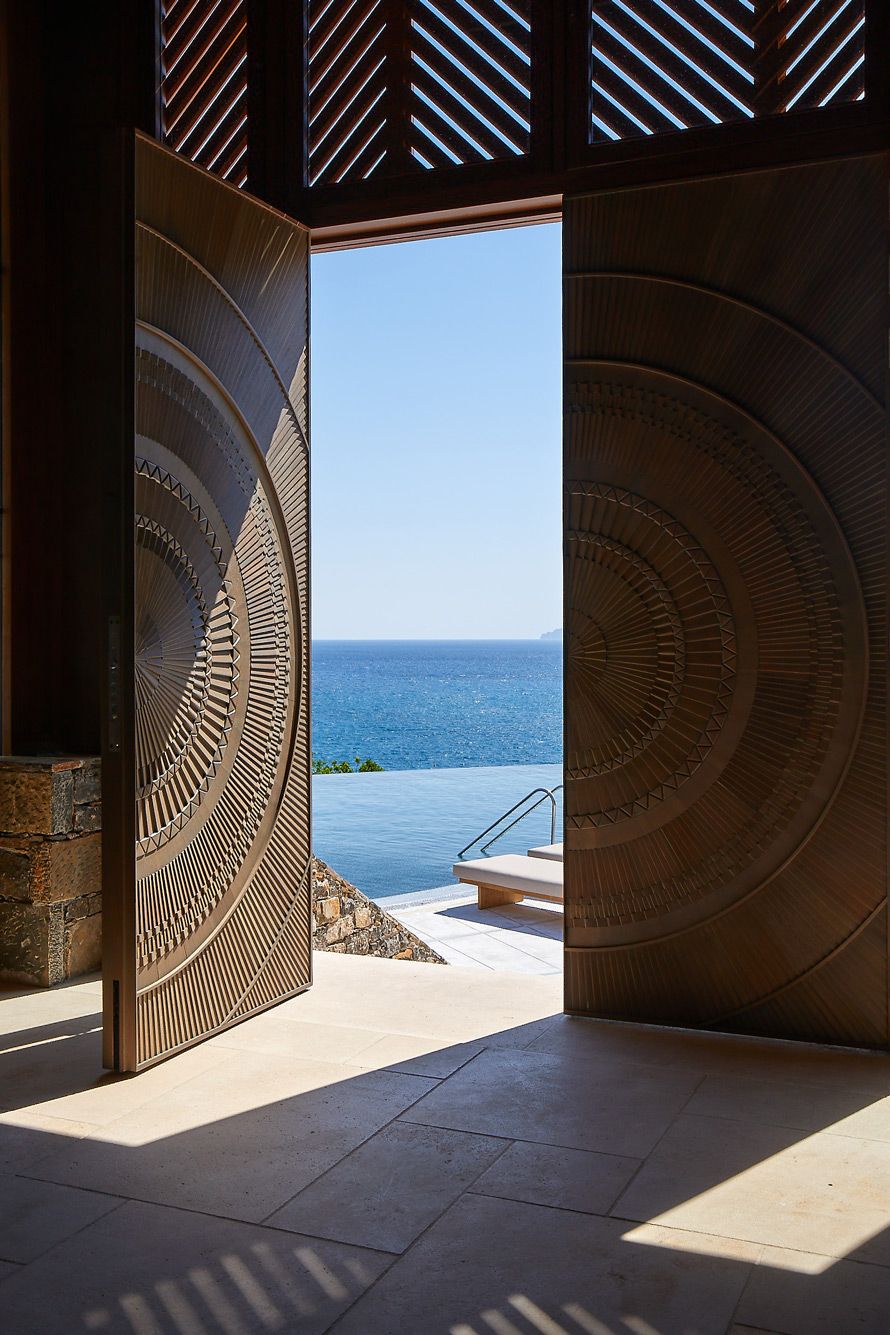 Daios Cove, Crete, Ocean Restaurant, door, entrance with sea view