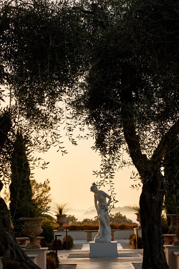 Grecotel Corfu Imperial, entrance , olive trees, sculpture, sunrise