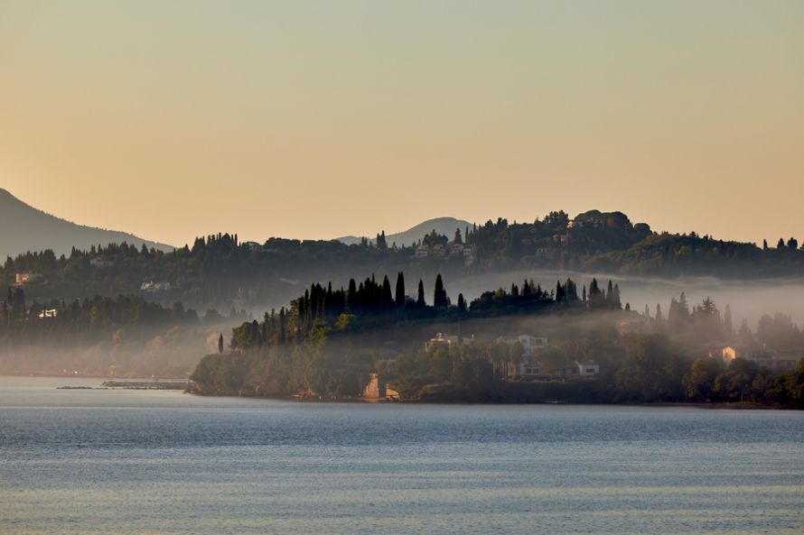 Corfu, sunrise, Kommeno, mist