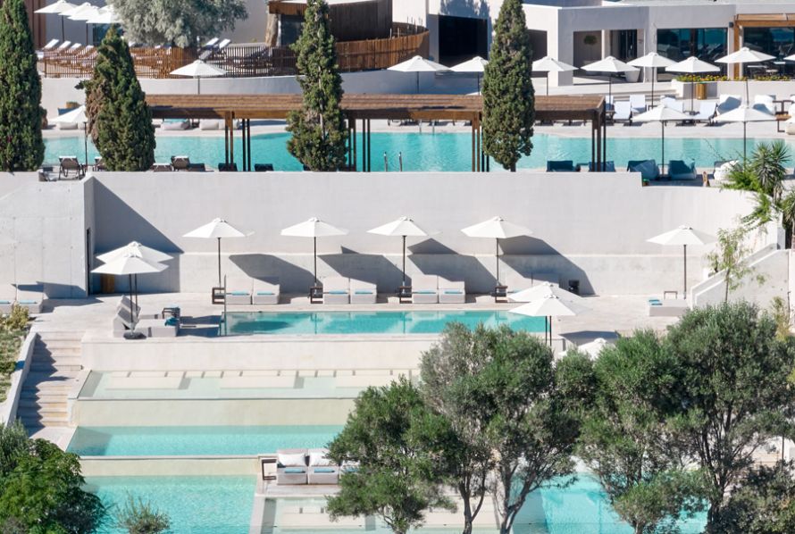 Helea, Rhodes, pool with umbrellas, aerial view