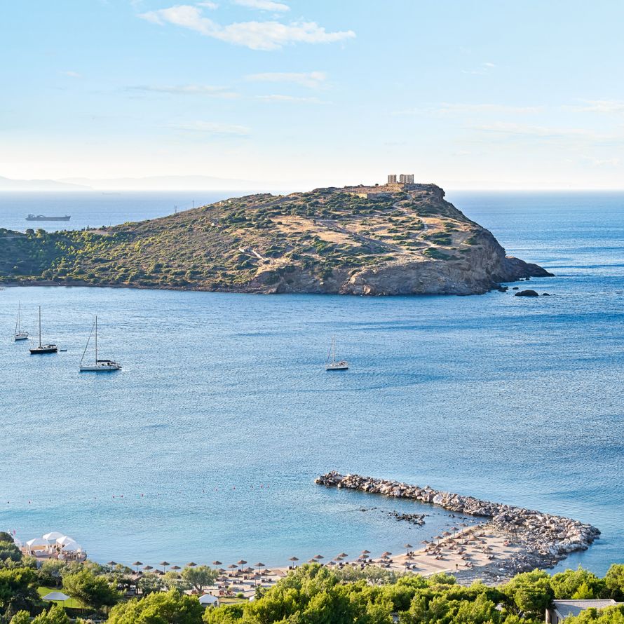 Grecotel Cape Sounio, Greece, aerial view of beach and temple of Poseidon 